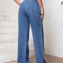 LUNE Pantalon Vaquero De Pierna Recta Con Abertura Lateral Decorada Con Perlas.
