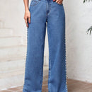 LUNE Pantalon Vaquero De Pierna Recta Con Abertura Lateral Decorada Con Perlas.