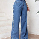 LUNE Pantalon Vaquero De Pierna Recta Con Abertura Lateral Decorada Con Perlas.