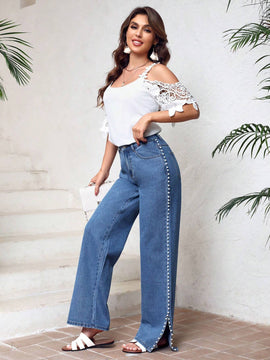 LUNE Pantalon Vaquero De Pierna Recta Con Abertura Lateral Decorada Con Perlas.