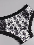 4 Piezas Bragas Goticas Con Contraste De Encaje, Impresion De Calaveras, Hongos Y Cabras Para Las Intimas De Halloween, Lenceria Y Ropa Interior Para Mujeres