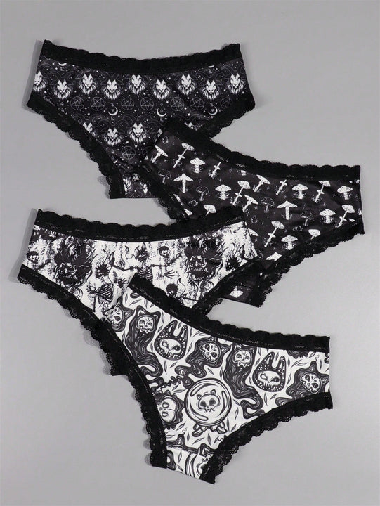 4 Piezas Bragas Goticas Con Contraste De Encaje, Impresion De Calaveras, Hongos Y Cabras Para Las Intimas De Halloween, Lenceria Y Ropa Interior Para Mujeres