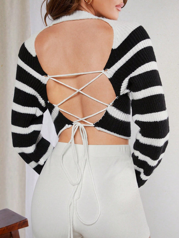 Haute Sueter De Rayas Sin Espalda Con Lazo Y Cordones