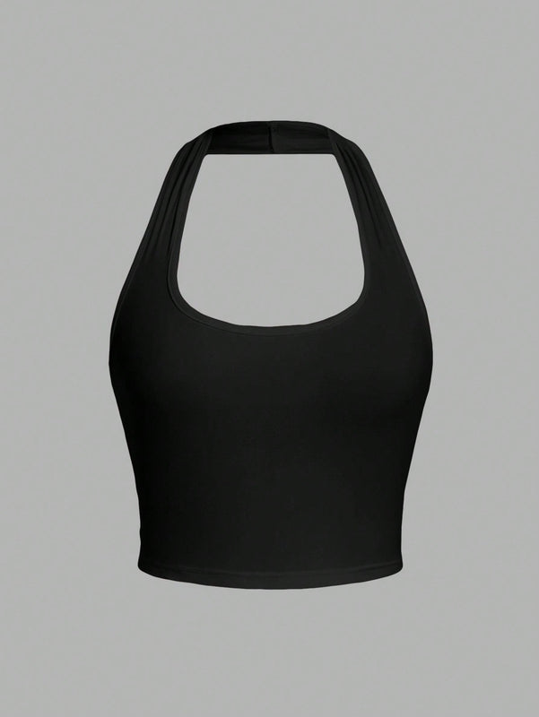 EZwear Top corto sin mangas de cuello halter ajustado y casual sin diseno para verano