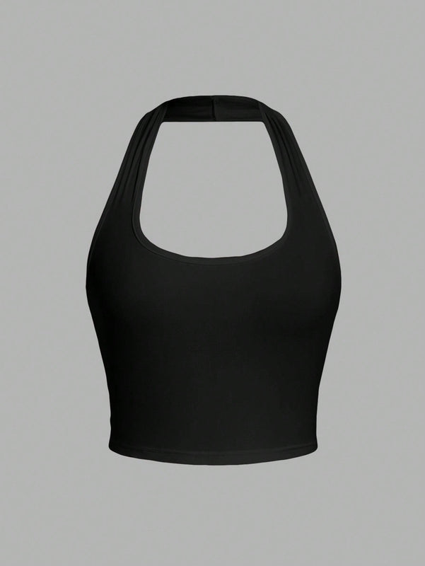 EZwear Top corto sin mangas de cuello halter ajustado y casual sin diseno para verano