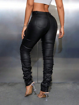 SXY Pantalones ajustados de para mujer con dobladillo plisado