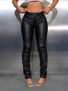 SXY Pantalones ajustados de para mujer con dobladillo plisado