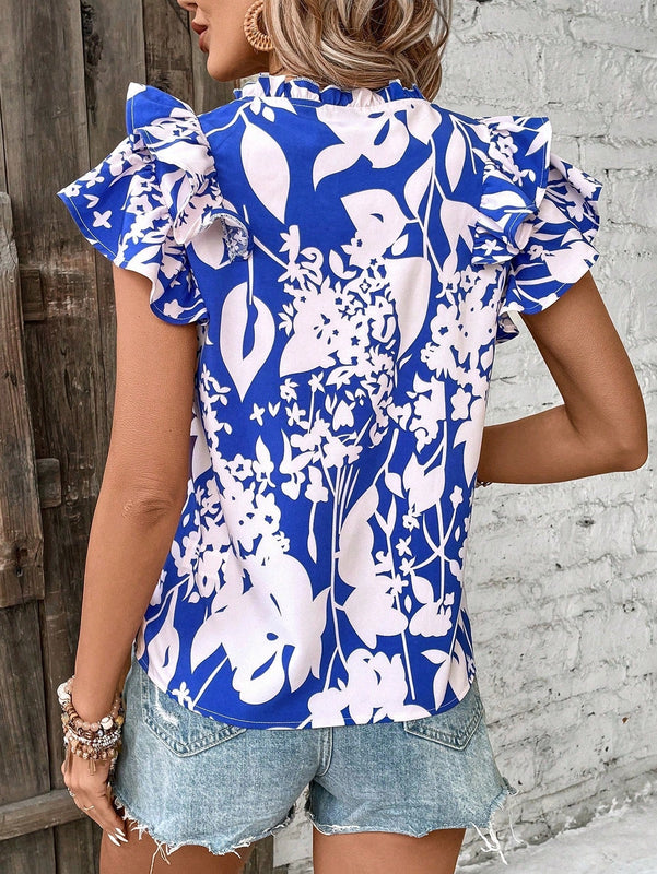 VCAY Camisa Estampada Con Flores Con Dobladillo Con Volantes Y Cuello De Pico