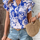 VCAY Camisa Estampada Con Flores Con Dobladillo Con Volantes Y Cuello De Pico