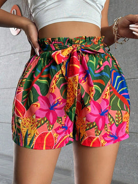 SXY Shorts De Cintura Alta Con Estampado Tropical De Plantas Y Animales Boho (con Cinturon) Para Las Vacaciones De Verano