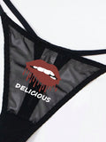 Ropa Interior Sexy Con Diseno De Patron De Labios De Encaje Transpirable Y Tanga Para Mujeres