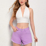 Pantalones Cortos De Mezclilla Con Dobladillo Deshilachado Para Mujer