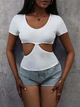Camiseta De Color Solido De Cintura Descubierta Para Mujer Con Agujeros