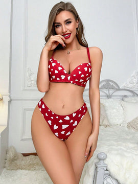 Conjunto de sosten y braga rojos con base blanca en forma de corazon para regalo del Dia de San Valentin (sin alambres)