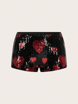 ICON Shorts De Mini Lentejuelas Con Cintura Ultra Baja En Forma De Corazon Rojo Para Mujeres