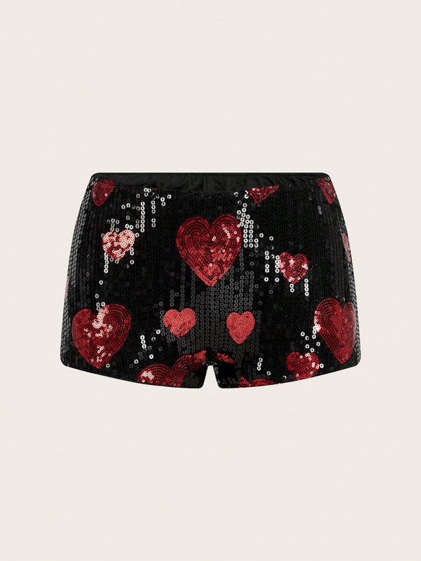 ICON Shorts De Mini Lentejuelas Con Cintura Ultra Baja En Forma De Corazon Rojo Para Mujeres