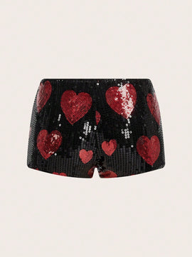 ICON Shorts De Mini Lentejuelas Con Cintura Ultra Baja En Forma De Corazon Rojo Para Mujeres