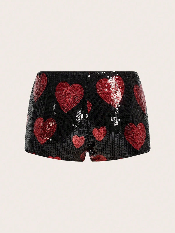 ICON Shorts De Mini Lentejuelas Con Cintura Ultra Baja En Forma De Corazon Rojo Para Mujeres
