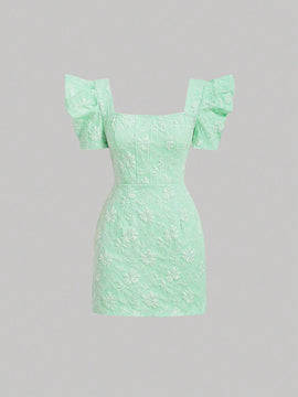 Mod vestido floral jacquard de cuello cuadrado de manga farol