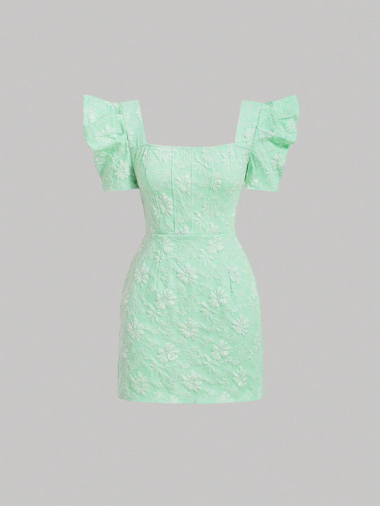 Mod vestido floral jacquard de cuello cuadrado de manga farol