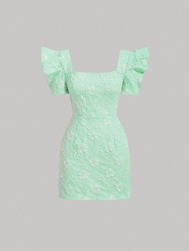 Mod vestido floral jacquard de cuello cuadrado de manga farol