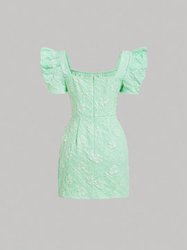 Mod vestido floral jacquard de cuello cuadrado de manga farol