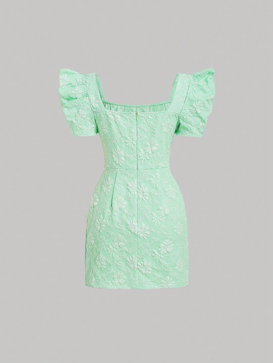 Mod vestido floral jacquard de cuello cuadrado de manga farol