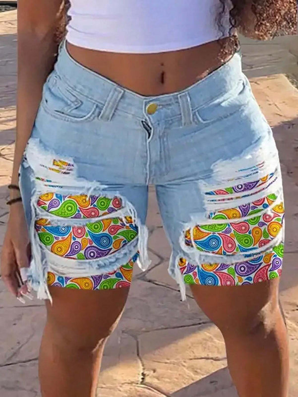 Pantalones Cortos De Mezclilla Rotos Estampados