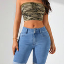 Shorts De Mezclilla Con Punos Enrollados Y Ajuste Delgado Para Mujer