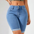 Shorts De Mezclilla Con Punos Enrollados Y Ajuste Delgado Para Mujer