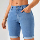 Shorts De Mezclilla Con Punos Enrollados Y Ajuste Delgado Para Mujer
