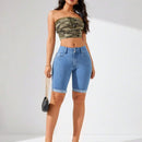 Shorts De Mezclilla Con Punos Enrollados Y Ajuste Delgado Para Mujer