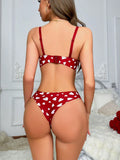 Conjunto de sosten y braga rojos con base blanca en forma de corazon para regalo del Dia de San Valentin (sin alambres)