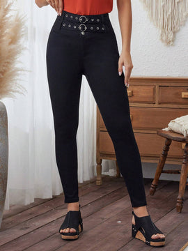 LUNE Pantalones pitillo con diseno de ojales metalicos de doble hilera de color liso para mujer