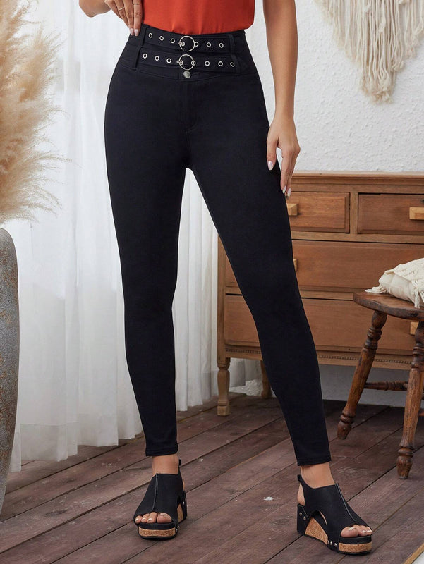 LUNE Pantalones pitillo con diseno de ojales metalicos de doble hilera de color liso para mujer