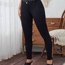 LUNE Pantalones pitillo con diseno de ojales metalicos de doble hilera de color liso para mujer