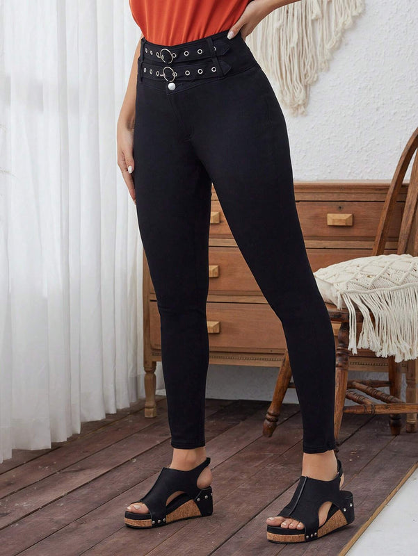 LUNE Pantalones pitillo con diseno de ojales metalicos de doble hilera de color liso para mujer