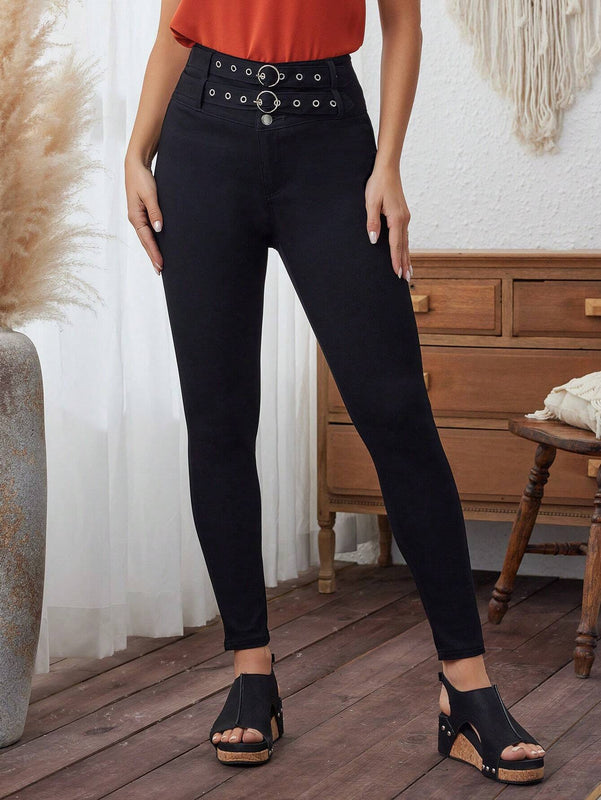 LUNE Pantalones pitillo con diseno de ojales metalicos de doble hilera de color liso para mujer