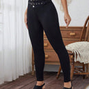 LUNE Pantalones pitillo con diseno de ojales metalicos de doble hilera de color liso para mujer
