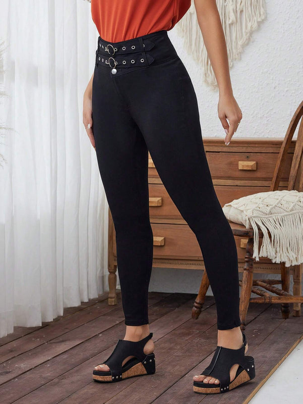 LUNE Pantalones pitillo con diseno de ojales metalicos de doble hilera de color liso para mujer