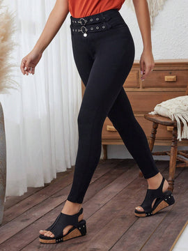 LUNE Pantalones pitillo con diseno de ojales metalicos de doble hilera de color liso para mujer