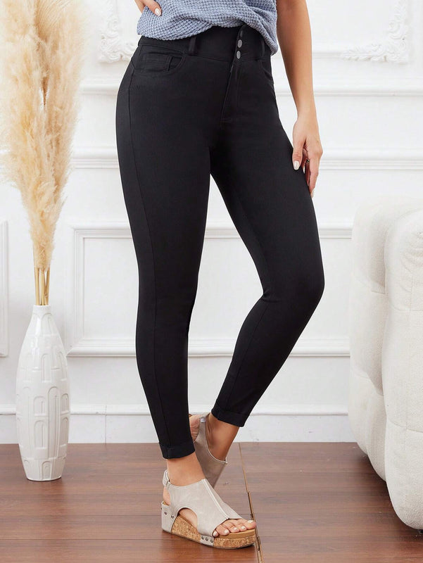 LUNE Pantalones casuales y sencillos para mujer de unicolor y ajustados con cierre de boton, para la primavera y el verano