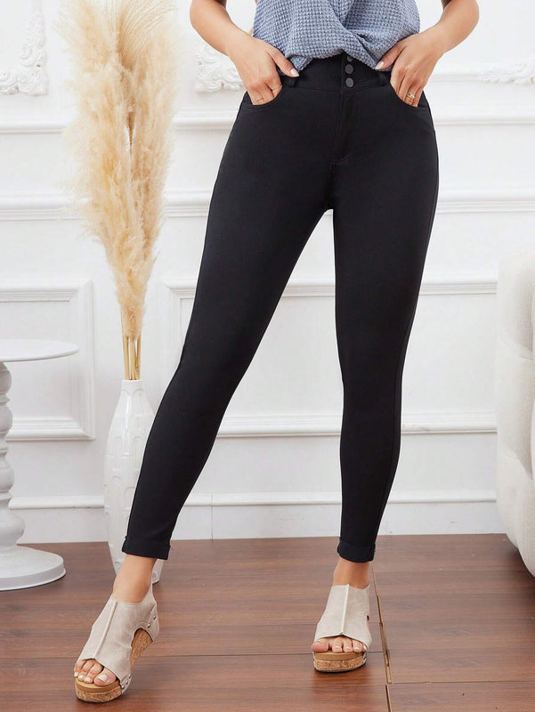 LUNE Pantalones casuales y sencillos para mujer de unicolor y ajustados con cierre de boton, para la primavera y el verano