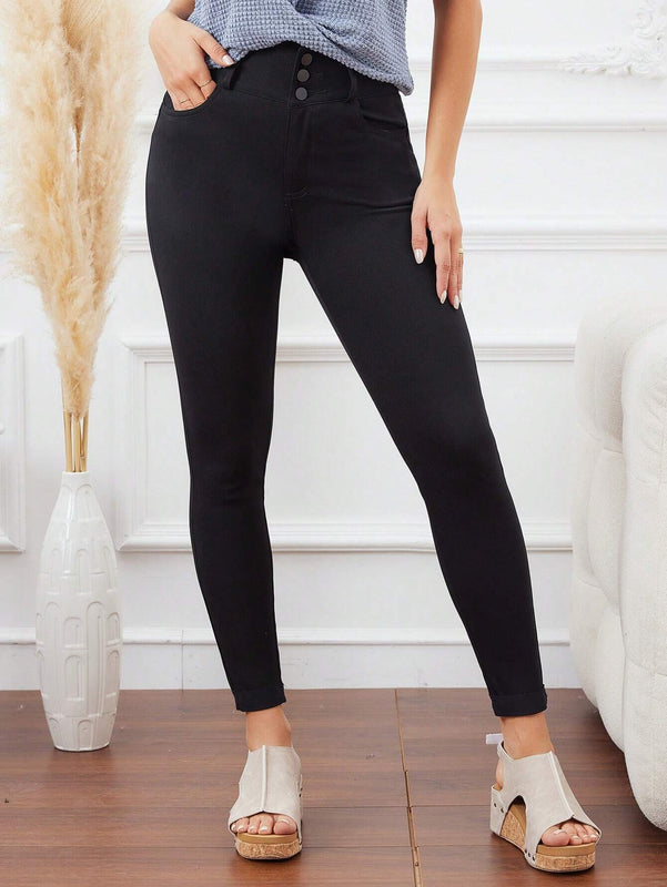LUNE Pantalones casuales y sencillos para mujer de unicolor y ajustados con cierre de boton, para la primavera y el verano