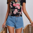 VCAY Blusa De Patron Floral Con Ribete De Encaje, Cuello En Forma De Cerradura Para Vacaciones