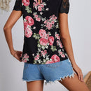 VCAY Blusa De Patron Floral Con Ribete De Encaje, Cuello En Forma De Cerradura Para Vacaciones