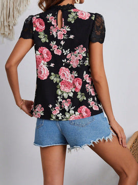 VCAY Blusa De Patron Floral Con Ribete De Encaje, Cuello En Forma De Cerradura Para Vacaciones
