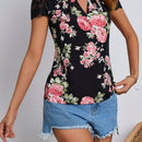 VCAY Blusa De Patron Floral Con Ribete De Encaje, Cuello En Forma De Cerradura Para Vacaciones