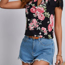 VCAY Blusa De Patron Floral Con Ribete De Encaje, Cuello En Forma De Cerradura Para Vacaciones