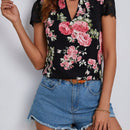 VCAY Blusa De Patron Floral Con Ribete De Encaje, Cuello En Forma De Cerradura Para Vacaciones